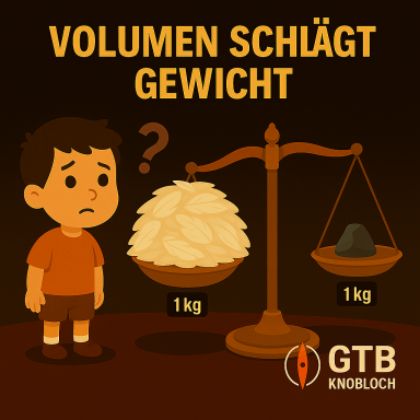 Gießereicartoon: Volumen vs. Gewicht – typische Fehlinterpretation beim Sandbedarf.