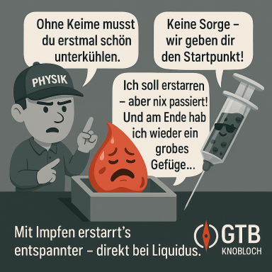 Gießereicartoon: Unterkühlte Schmelze durch fehlendes oder verspätetes Impfen im GJ/Sphäroguss.