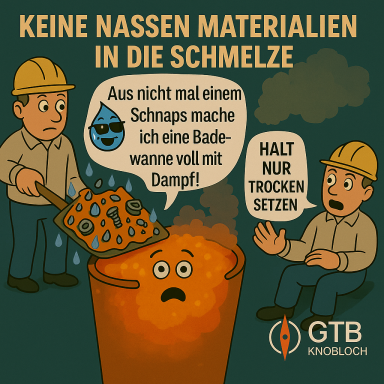 Cartoon: Gefahren durch feuchte Einsatzstoffe in der Schmelze.