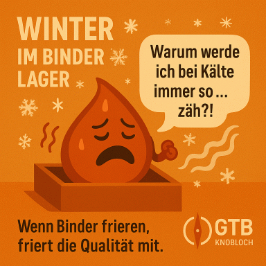 Cartoon zur Binderlagerung im Winter: zähflüssiger Binder durch Kälte, Qualitätsrisiko in der Gießerei.